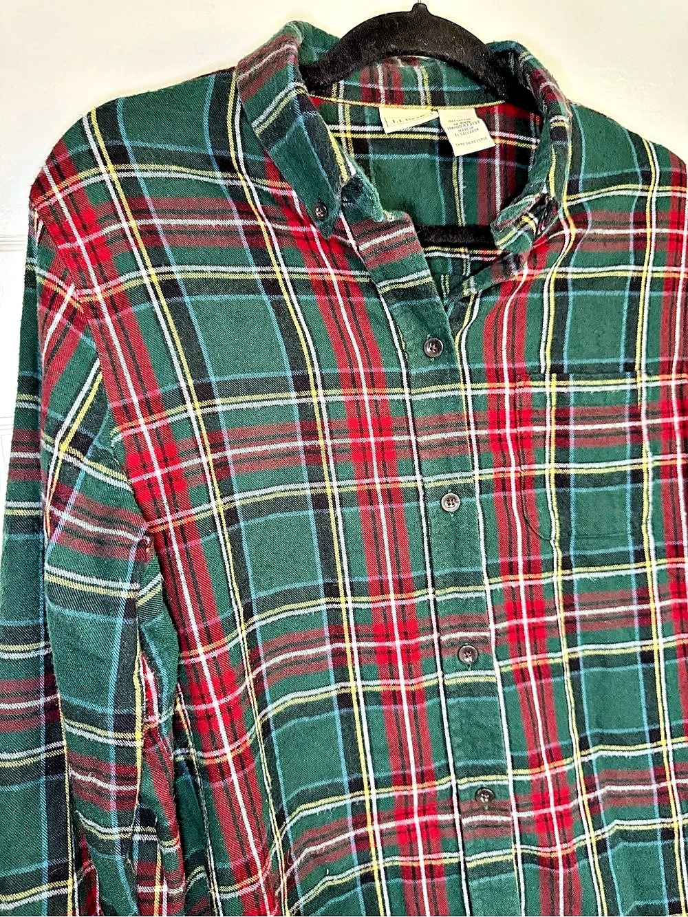 L.L.Bean Men's Scotch Plaid Cotton Flannel Shirt Tartan Green & Red Size Medium - Picture 7 of 15